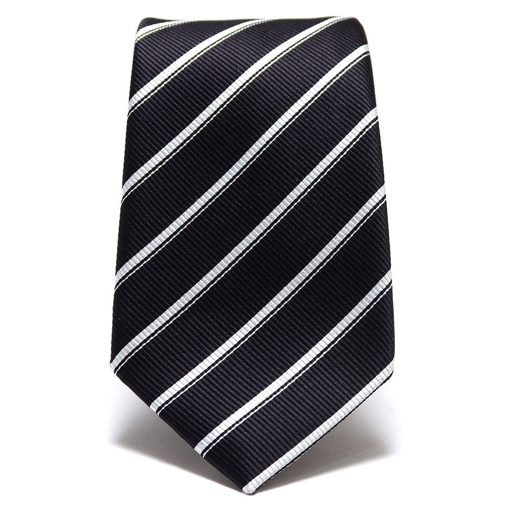 究極の定番|刻々 - ストライプ01|KOKKOKU STRIPE 01 シグネチャーライン ハンドメイドトレピエゲ 超高密度レップ織り ストライプ ネクタイ ブラック(レベル7)xホワイト