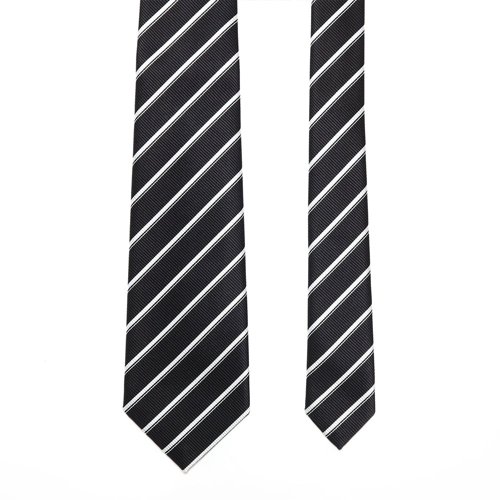 究極の定番|刻々 - ストライプ01|KOKKOKU STRIPE 01 シグネチャーライン ハンドメイドトレピエゲ 超高密度レップ織り ストライプ ネクタイ ブラック(レベル7)xホワイト
