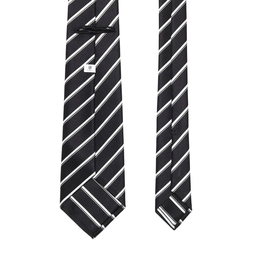 究極の定番|刻々 - ストライプ01|KOKKOKU STRIPE 01 シグネチャーライン ハンドメイドトレピエゲ 超高密度レップ織り ストライプ ネクタイ ブラック(レベル7)xホワイト