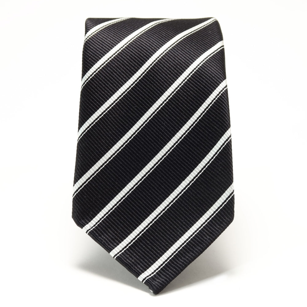 究極の定番｜刻々 - ストライプ01｜KOKKOKU STRIPE 01 シグネチャーライン ハンドメイドセッテピエゲ 超高密度レップ織り ストライプ ネクタイ ブラック（レベル7）xホワイト
