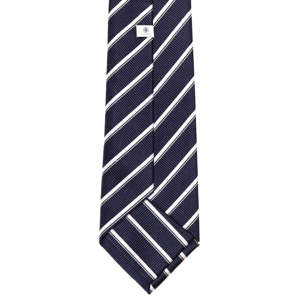 究極の定番｜刻々 - ストライプ01｜KOKKOKU STRIPE 01 シグネチャーライン ハンドメイドトレピエゲ 超高密度レップ織り ストライプ ネクタイ 杢ネイビーxホワイト